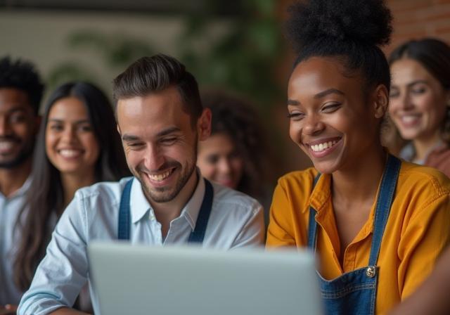 Group of diverse people collaborating on video content, smiling and engaged.