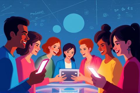Diverse group of people interacting positively with digital content on various devices.