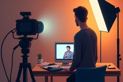 Person recording a video lesson in a home studio setup with a camera and lighting.