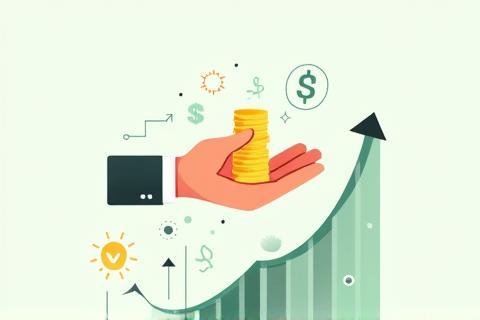 Hand holding coins above a growth chart with digital symbols.