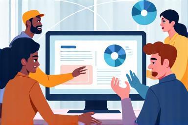 Illustration of diverse team members collaborating seamlessly around a shared screen interface.