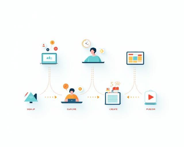 Illustrative graphic depicting the four steps of the video creation journey: Sign up, Explore, Create, Publish.