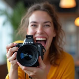 Person holding a modern camera, looking excited and ready to film.