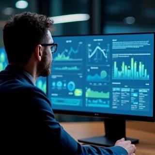 Digital marketing professional analyzing complex data visualizations on a large screen.