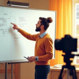 Teacher energetically pointing at a whiteboard, explaining a concept in front of a camera setup.