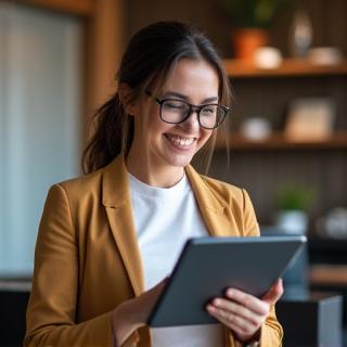 Business owner confidently smiling while reviewing marketing data on a tablet.